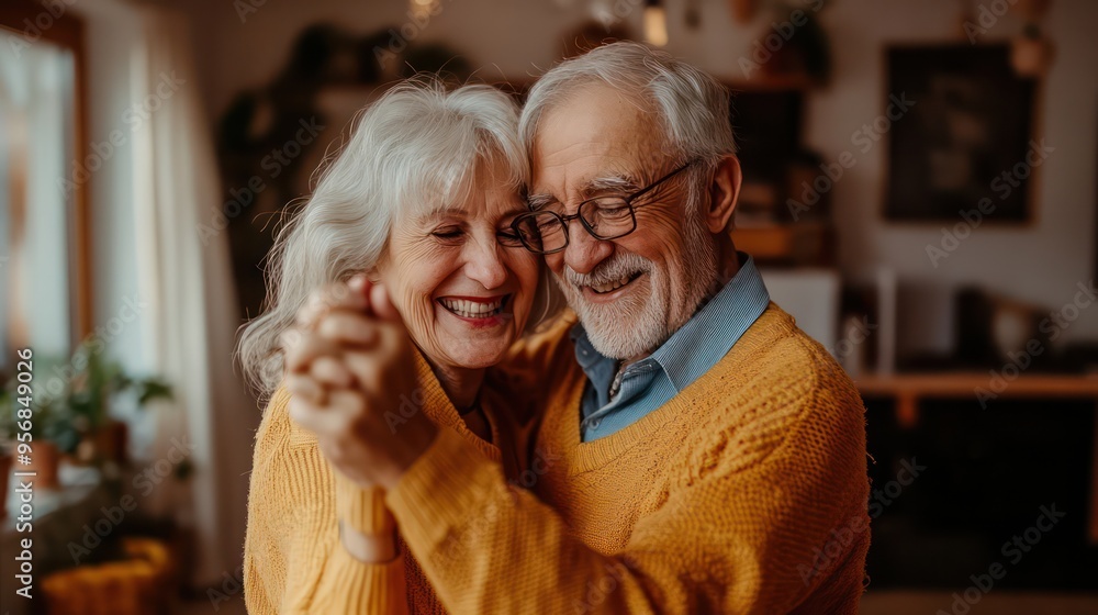 A senior couple dancing in their living room to an old favorite song, their faces beaming with happiness and nostalgia. A senior couple dancing in their living room to an old favorite song, their faces beaming with happiness and nostalgia.