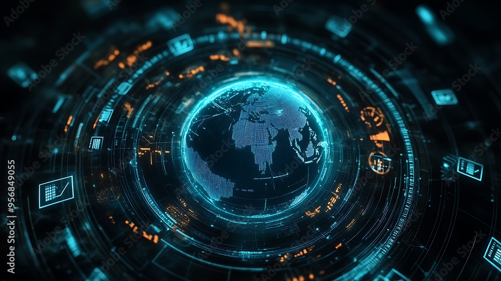 Digital Globe Surrounded by Rotating Currency Symbols Representing Economic Integration in a Dark Void with Subtle Patterns Digital Globe Surrounded by Rotating Currency Symbols Representing Economic Integration in a Dark Void with Subtle Patterns