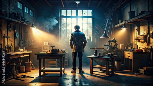 A solitary figure is poised at a workbench, surrounded by various tools and machinery, with a subtle glow of light casting a dramatic silhouette.