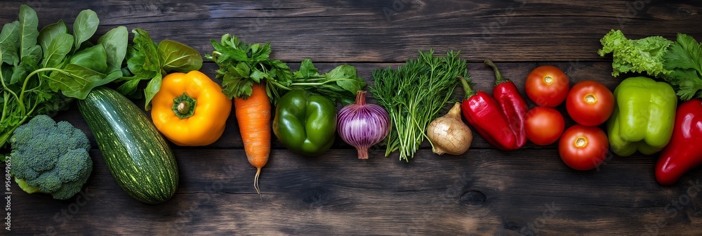 A row of vegetables and fruits on a wooden table. The vegetables include broccoli, carrots, peppers, onions, and tomatoes. Concept of freshness and health A row of vegetables and fruits on a wooden table. The vegetables include broccoli, carrots, peppers, onions, and tomatoes. Concept of freshness and health