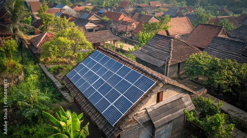 Aerial view of a rural area showcasing solar panels on a house among greenery, emphasizing sustainable energy solutions. Aerial view of a rural area showcasing solar panels on a house among greenery, emphasizing sustainable energy solutions.