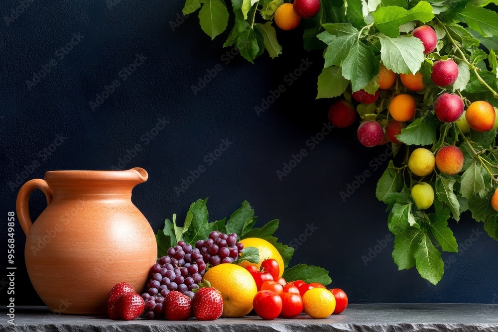 Still life, fresh fruit, earthenware jug, rustic table highlight the connection to the earth and its produce Still life, fresh fruit, earthenware jug, rustic table highlight the connection to the earth and its produce