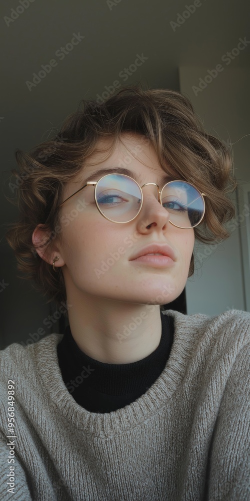 Obraz premium A non-binary, person with curly hair and glasses is wearing a sweater and sitting in front of a wall. Concept of comfort and relaxation, as the woman is at ease in her surroundings