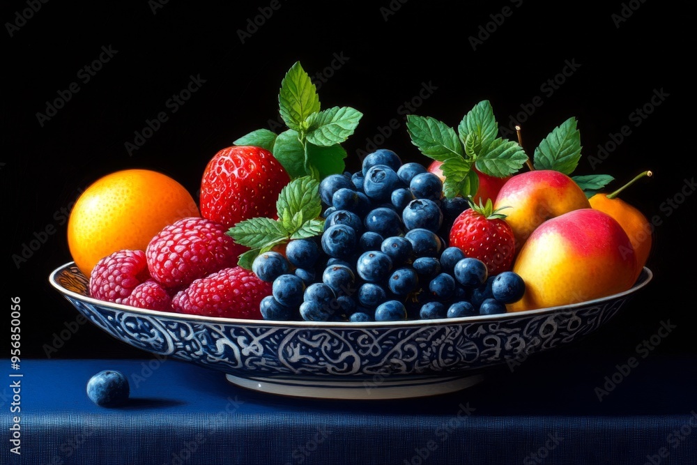 Still life, fruit bowl, vibrant colors, deep shadows highlight the richness of nature’s palette Still life, fruit bowl, vibrant colors, deep shadows highlight the richness of nature’s palette