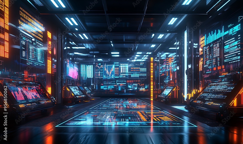 Futuristic Trading Floor with Holographic Displays Showing Global Market Data and Seamless Flow of Goods and Capital Futuristic Trading Floor with Holographic Displays Showing Global Market Data and Seamless Flow of Goods and Capital