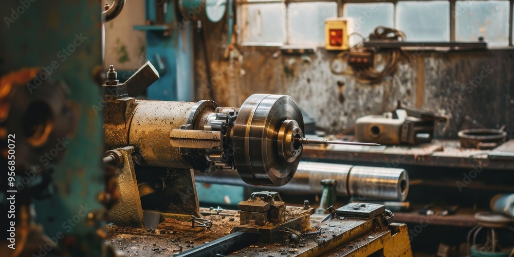 Industrial equipment and tools in a workshop setting, highlighting craftsmanship and skill Industrial equipment and tools in a workshop setting, highlighting craftsmanship and skill