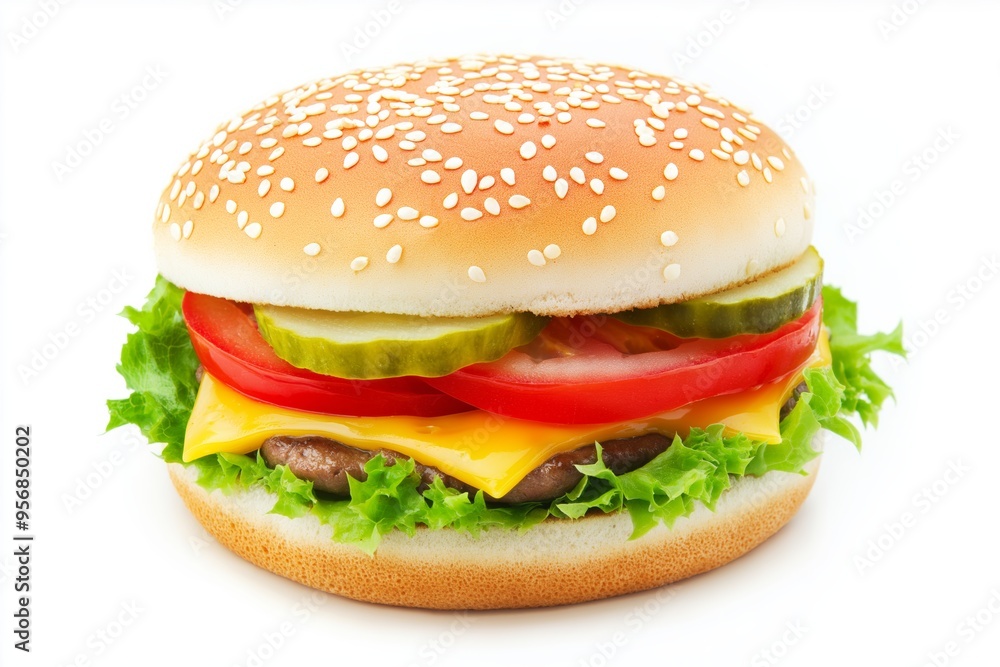 A hamburger with lettuce, tomato, and pickles on a bun. The bun is sesame seed covered A hamburger with lettuce, tomato, and pickles on a bun. The bun is sesame seed covered