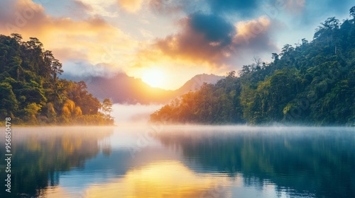 A panoramic view of a beautiful sunrise over a serene lake in a national park, showcasing a lush rainforest landscape enveloped in morning fog.