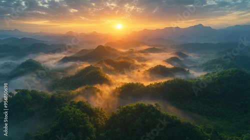 Golden Sunrise Over Verdant Peaks, AI generated illustration