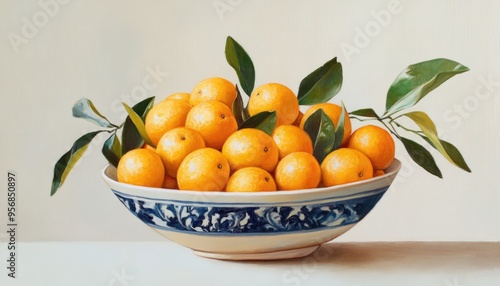 Oil painting depicting a bowl filled with fresh kumquat fruits against a white backdrop photo