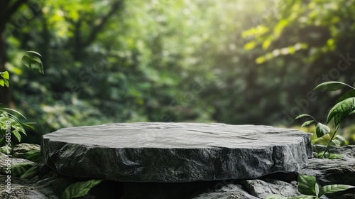 A 3D illustration of a stone podium placed on a rock platform, designed as a grey rock pedestal for product display. The background features a green forest with a blurred natural landscape