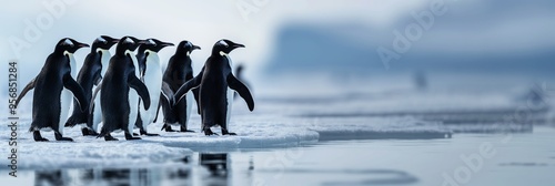 A stunning image capturing a group of penguins standing close together on an icy surface next to the water, illustrating the beauty and serenity of the natural world. photo