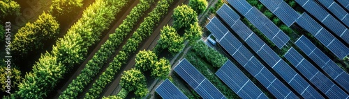 Aerial view of lush fields and solar panels, showcasing sustainable energy and agriculture coexisting harmoniously.