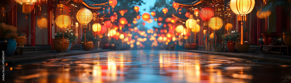 Glossy Street with Reflective Lanterns for Mid Autumn Festival concept as A glossy street background lined with reflective lanterns capturing the lively and festive spirit of the Mid Autumn Festival. Glossy Street with Reflective Lanterns for Mid Autumn Festival concept as A glossy street background lined with reflective lanterns capturing the lively and festive spirit of the Mid Autumn Festival.