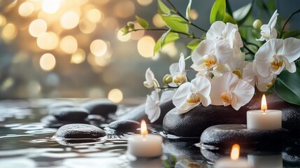 Deken met foto Zen Witte orchideeën kaarsen en stenen bij water  © fotofabrika