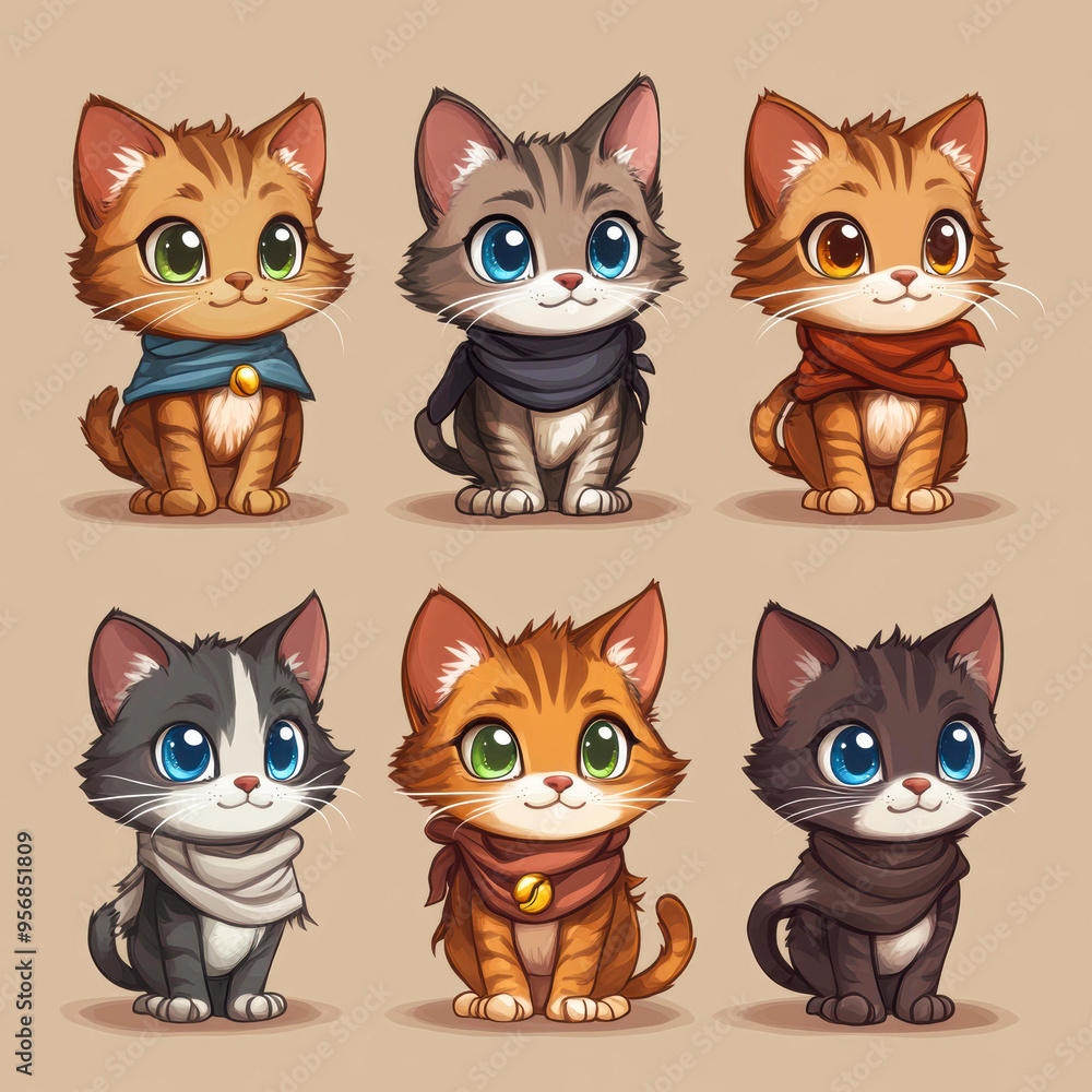 Fototapeta premium Cute illustrated kittens with big eyes and colorful scarves, ideal for children's products, stickers, and themed social media posts