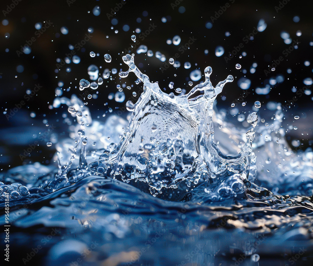 A dynamic splash of water captured in mid-air with clear droplets, perfect for illustrating concepts of freshness, cleanliness, or fluidity, ideal for use in advertisements, blogs A dynamic splash of water captured in mid-air with clear droplets, perfect for illustrating concepts of freshness, cleanliness, or fluidity, ideal for use in advertisements, blogs