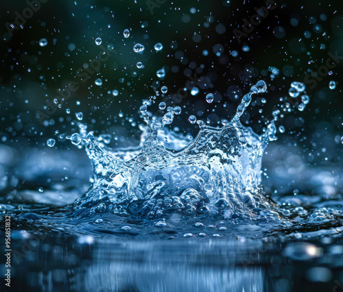 A close-up shot of a water splash, capturing droplets in mid-air against a dark blurred background, perfect for themes of freshness, purity, and motion,