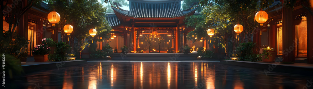 Glossy Temple Courtyard with Lanterns for Mid Autumn Festival concept as A glossy temple courtyard illuminated by lanterns creating a sacred and reflective background for the Mid Autumn Festival. The Glossy Temple Courtyard with Lanterns for Mid Autumn Festival concept as A glossy temple courtyard illuminated by lanterns creating a sacred and reflective background for the Mid Autumn Festival. The