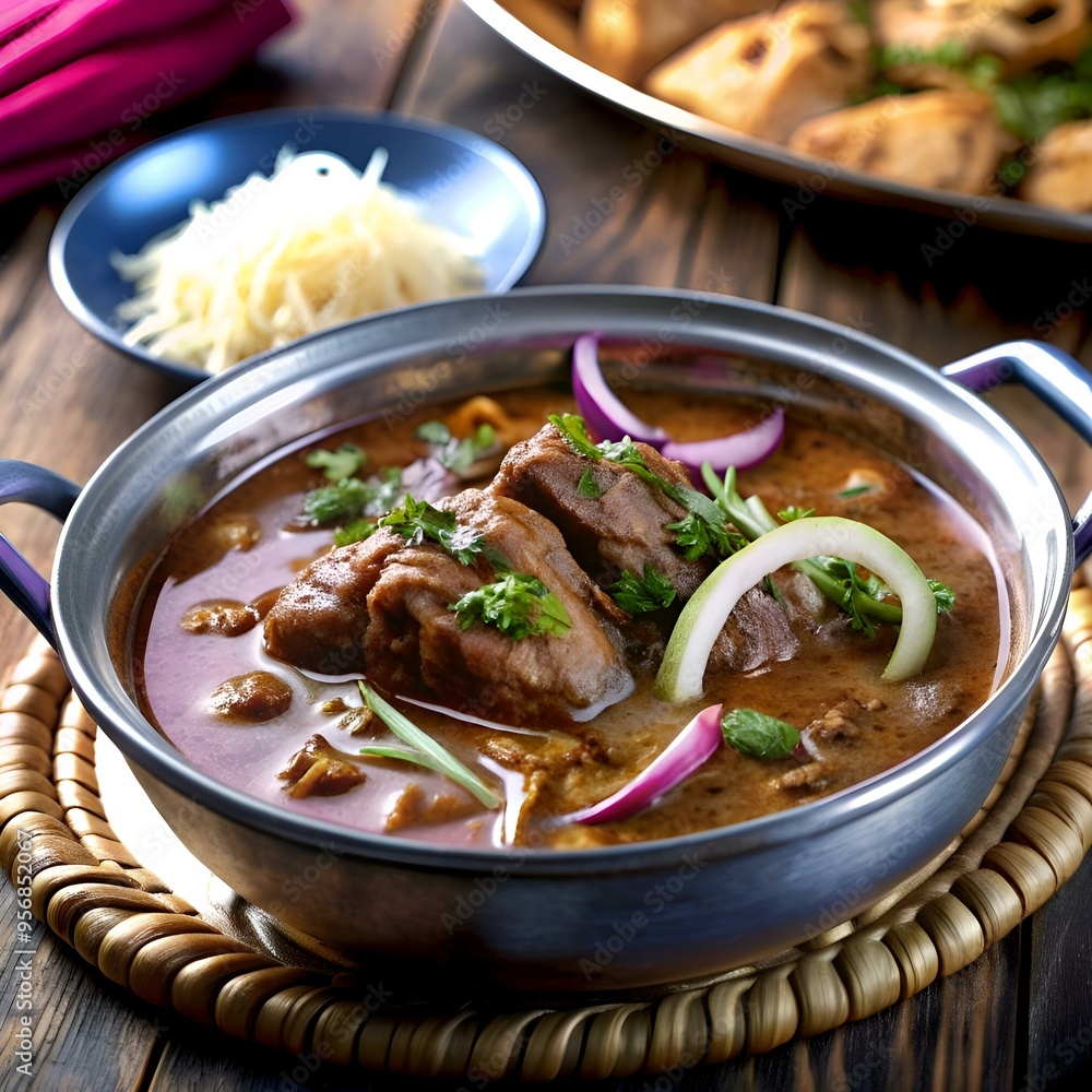 A mouthwatering 3D illustration of a traditional Nihari dish. featuring tender meat. aromatic spices. and garnished with fresh cilantro. A mouthwatering 3D illustration of a traditional Nihari dish. featuring tender meat. aromatic spices. and garnished with fresh cilantro.