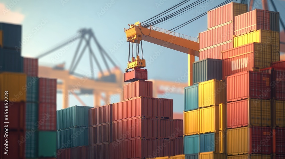 Crane lifting cargo containers from a ship at the port, with a ...
