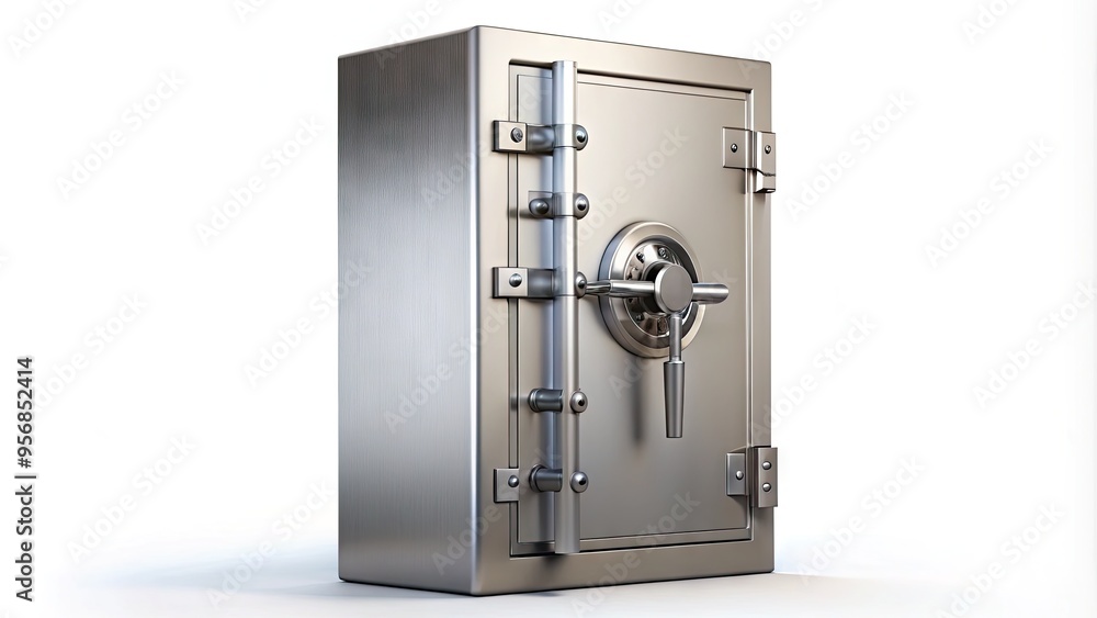A sturdy metal door with a robust combination lock stands isolated in a stark white background, conveying a sense of security and impenetrable protection. A sturdy metal door with a robust combination lock stands isolated in a stark white background, conveying a sense of security and impenetrable protection.