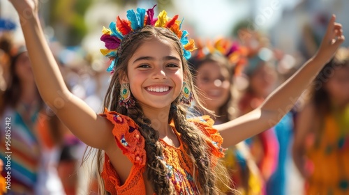 A street parade with people of all ages dancing together, celebrating community and culture, with smiles and bright costumes filling the scene.