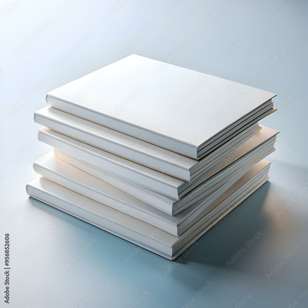 A neat stack of blank white books on a light blue background. perfect for showcasing your design. branding. or message. A neat stack of blank white books on a light blue background. perfect for showcasing your design. branding. or message.