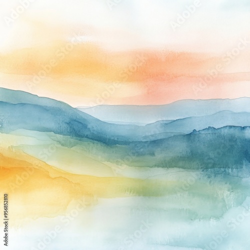 Watercolor painting of a mountain range with a sunset sky.