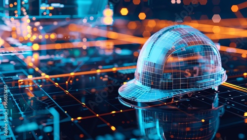 Digital construction helmet floating over an abstract, futuristic background with glowing data points and lines representing the flow of information in modern engineering design.