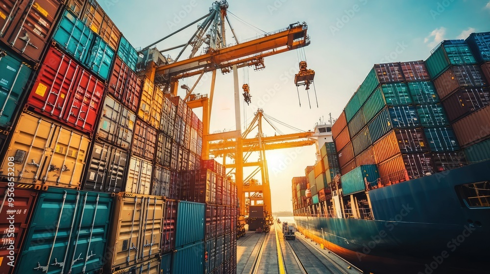 Cranes in action at a sea port, loading and unloading containers from a ...