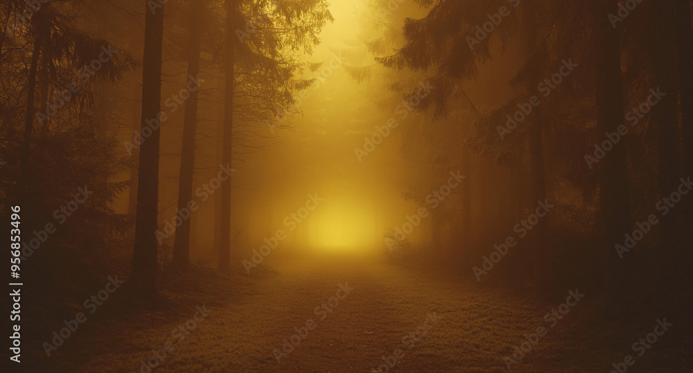 A mystical forest with tall trees, bathed in golden light filtering through the foggy atmosphere. A mystical forest with tall trees, bathed in golden light filtering through the foggy atmosphere.