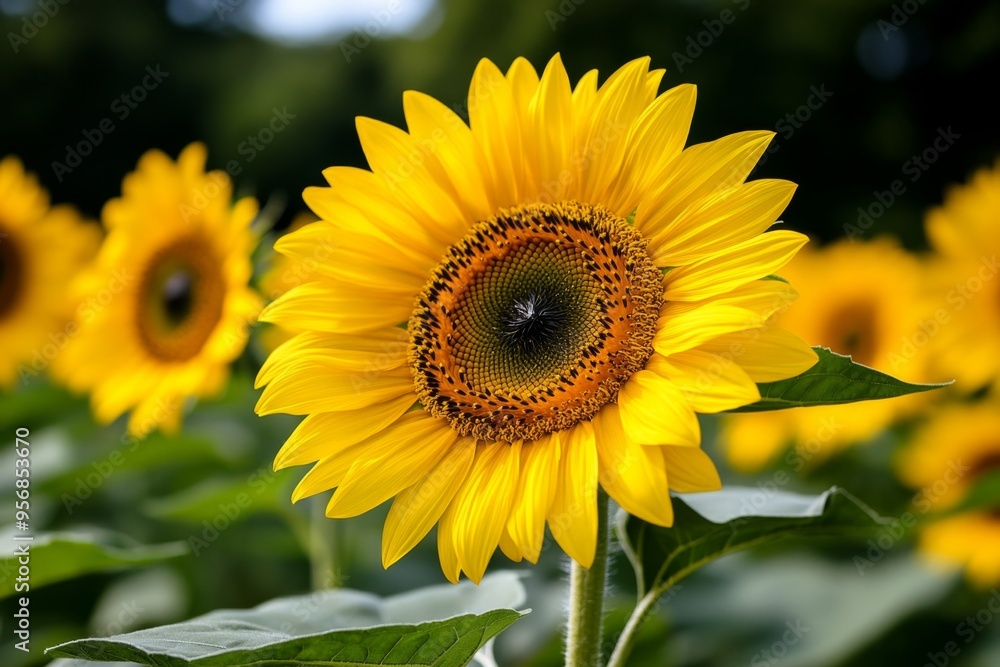 Fototapeta premium Sunflowers, tall and bright, golden fields turn their faces to follow the sun