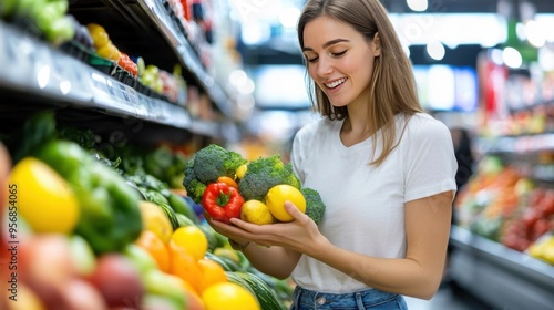 A cheerful woman shopping for fresh vegetables and fruits in a grocery store, enjoying the colorful array of produce.