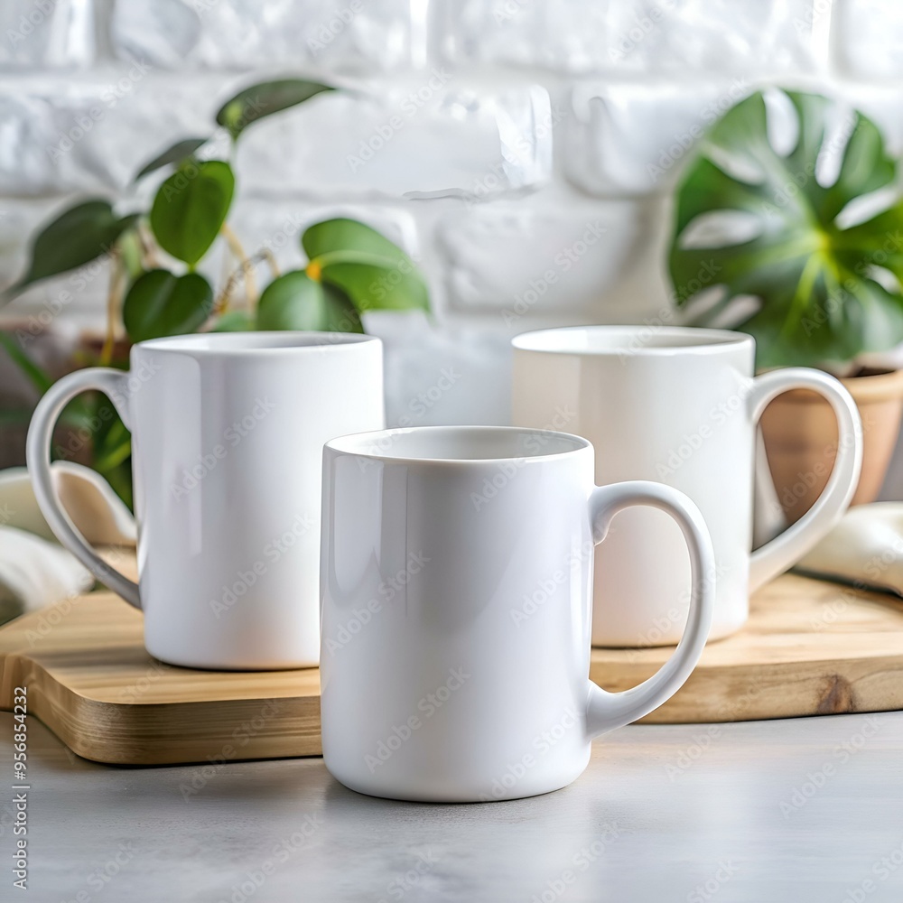Three white mugs on a wooden board. perfect for showcasing your design or brand. Three white mugs on a wooden board. perfect for showcasing your design or brand.