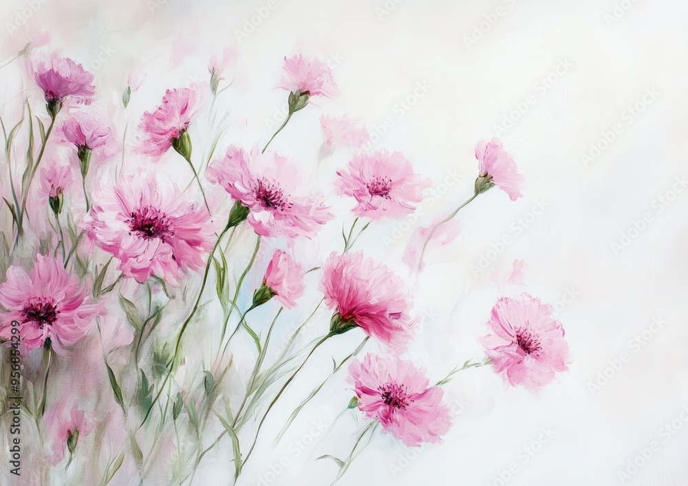Oil painting showcasing pink cornflowers against a white backdrop with a large depth of field highlighting macro details Oil painting showcasing pink cornflowers against a white backdrop with a large depth of field highlighting macro details