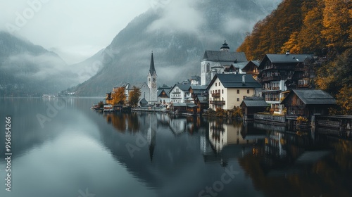 The peaceful village of Hallstatt in Austria, reflected in the calm waters of the lake, without any visitors