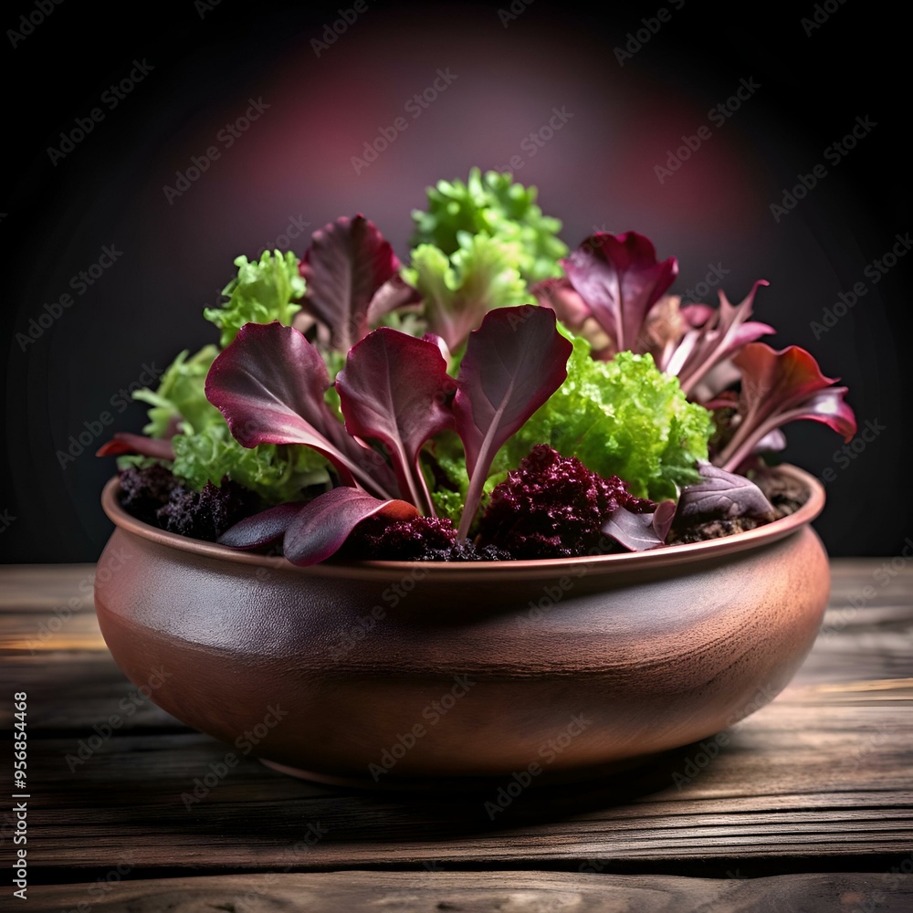 A close up of a rustic wooden bowl filled with fresh. vibrant mesclun salad greens. A close up of a rustic wooden bowl filled with fresh. vibrant mesclun salad greens.