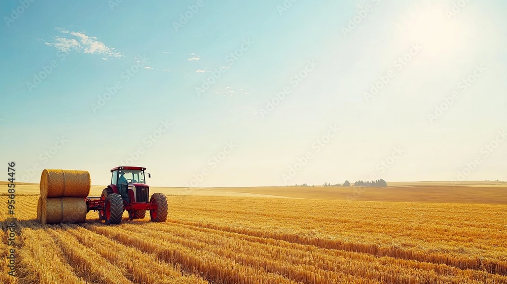 Obraz premium Farmers loading hay bales onto a cart in a golden field with a clear blue sky and rolling countryside