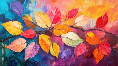 Oil painting depicting colorful autumn leaves on a vibrant backdrop