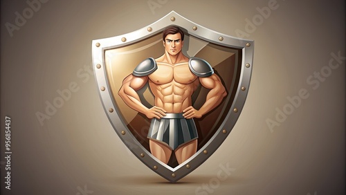 A stylized illustration of a masculine figure in a shield, symbolizing protection and defense, with a bold and modern design on a neutral background. photo