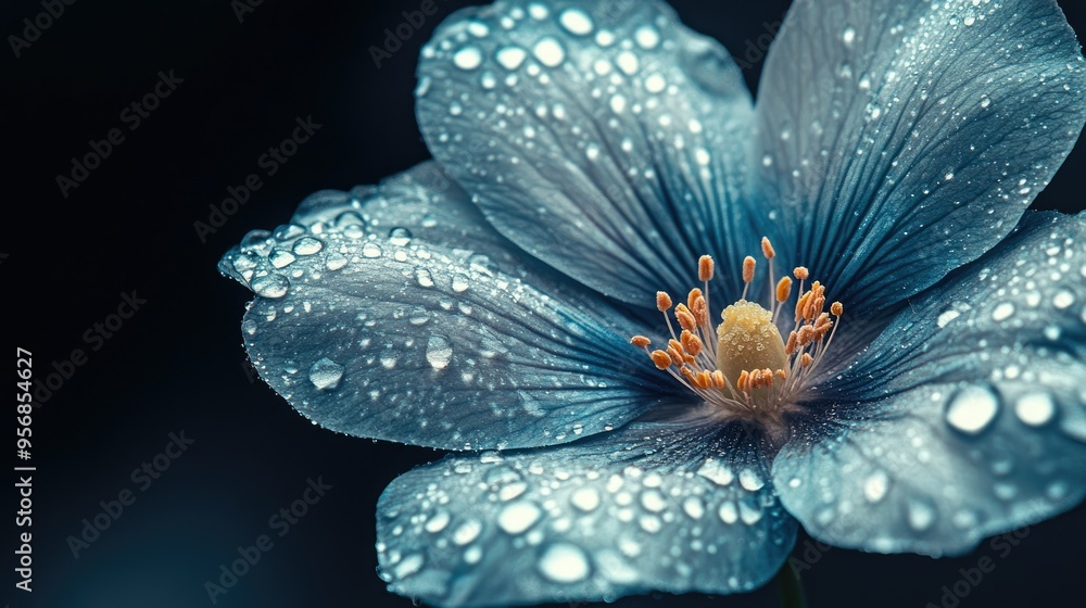 Detailed image of a flower with intricate water droplets on its petals, highlighting the textures and natural beauty of the flower in a serene setting Detailed image of a flower with intricate water droplets on its petals, highlighting the textures and natural beauty of the flower in a serene setting