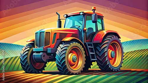 A stylized illustration of a tractor, rendered in bold lines and bright colors, emphasizes the machinery's ruggedness and utility in a modern agricultural setting. photo