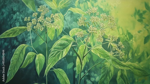 Oil painting depicting Lindera umbellata a species of plant photo