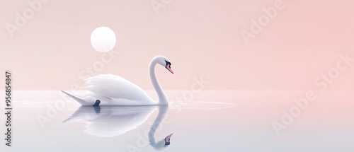 Fototapeta Naklejka Na Ścianę i Meble -  Simple and elegant illustration of a graceful swan floating on a tranquil lake with a serene pastel backdrop