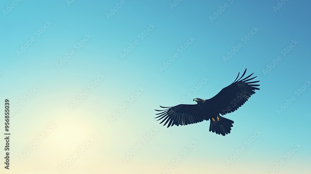 Fototapeta premium Minimalistic depiction of an eagle soaring high with outstretched wings over a smooth gradient sky