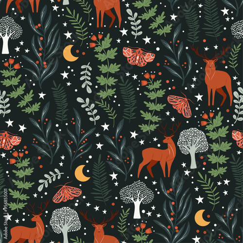 Wallpaper Mural Whimsical Woodland Nightscape with Deer and Moths on dark background. Colorful seamless pattern, vector illustration. Torontodigital.ca