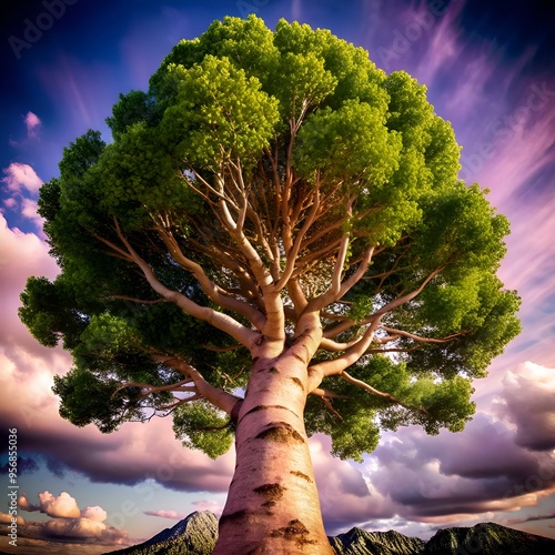 A stunning 3D illustration of a towering Bigtooth Aspen tree against a vibrant sunset sky. photo