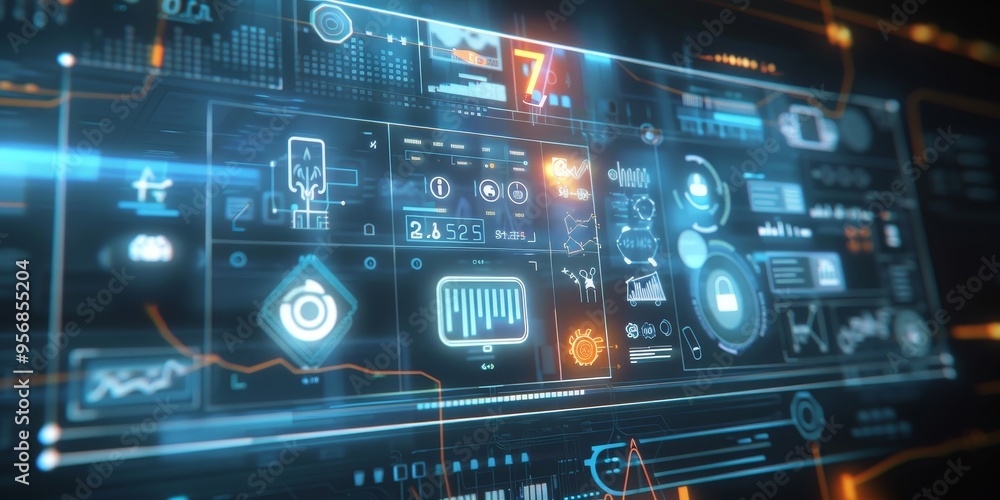Holographic interface of a smart home control panel, illustrating modern home automation Holographic interface of a smart home control panel, illustrating modern home automation