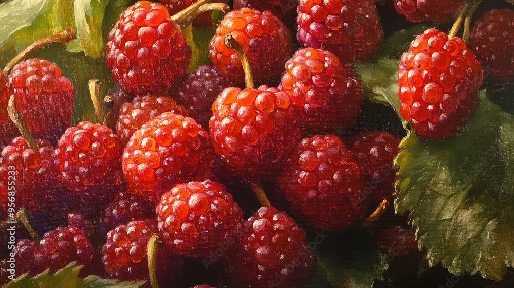 Close up oil painting of red unripe mulberries showcasing their vibrant color and texture Close up oil painting of red unripe mulberries showcasing their vibrant color and texture